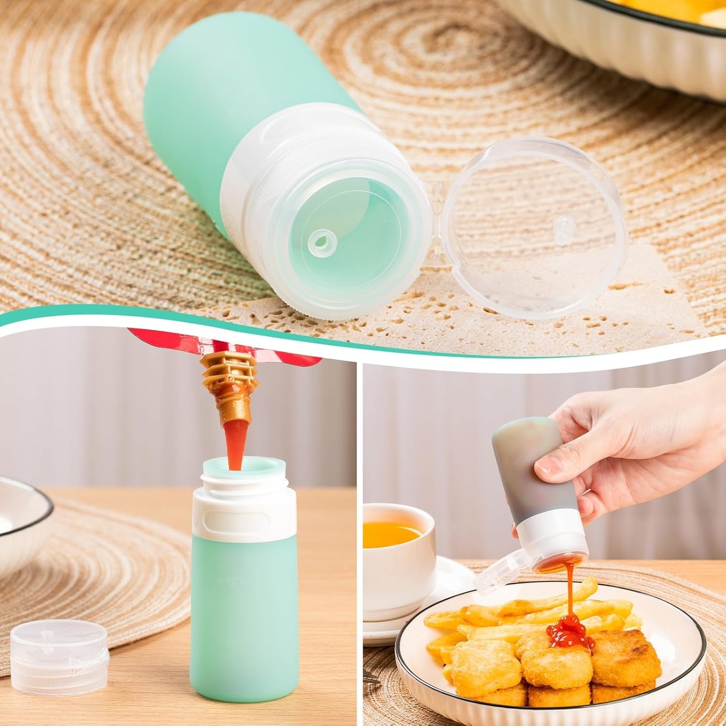 MICEBAY 8-Pack Salad Dressing Container To Go, 2-oz Silicone Small Condiment Squeeze Bottles and 1.6 oz Stainless Steel Sauce Containers Cups, Leakproof Condiment Containers with Lids for Lunch Box