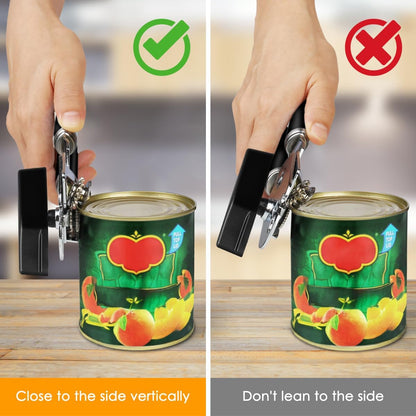 Heavy duty stainless steel manual can opener, sharp blade for smooth cutting edges, easy opening of cans, non-slip ergonomic handle, easy turn knob, built-in bottle opener, painted black