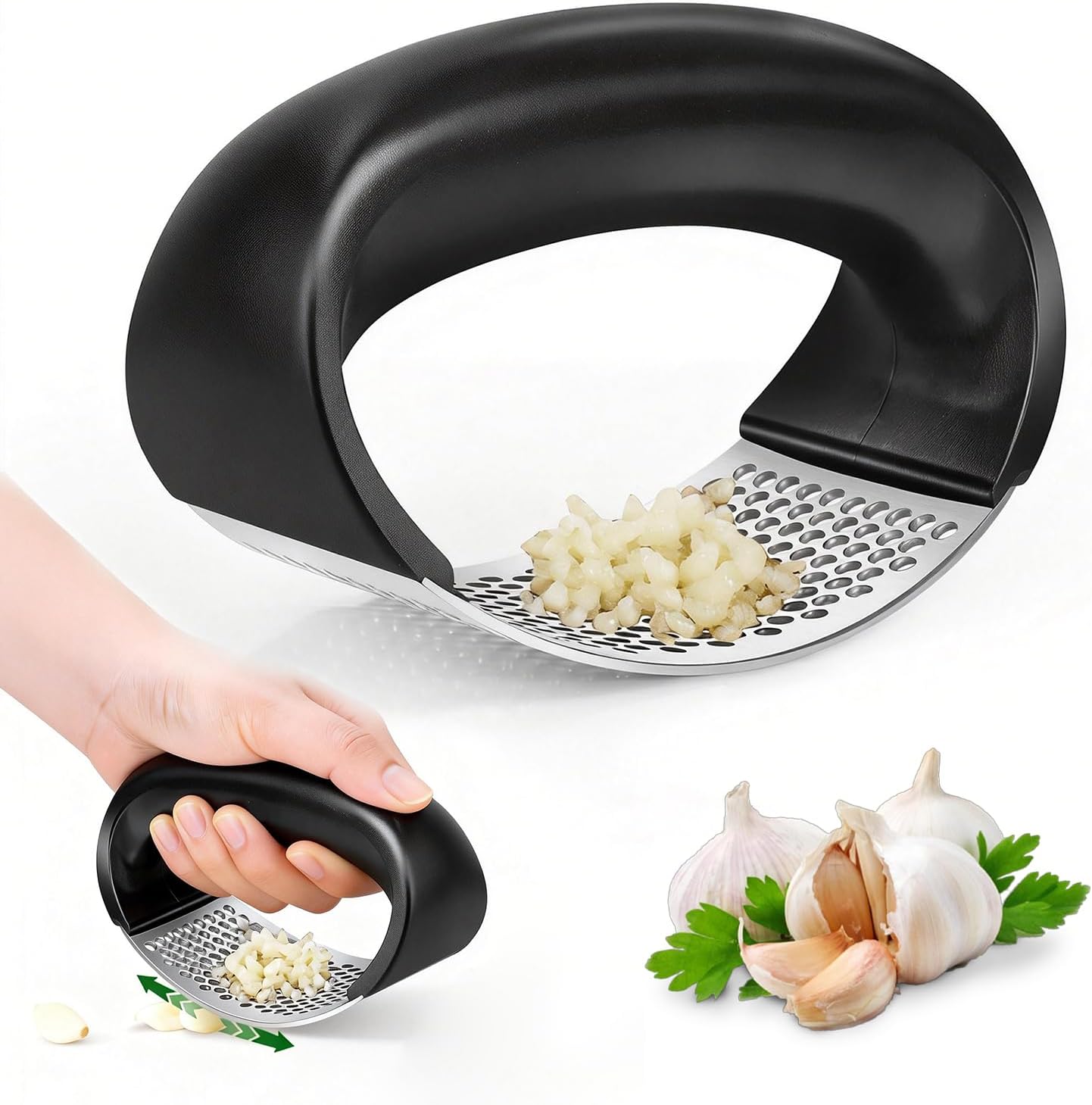 Cook Guy 304 Stainless Steel Garlic Press Rocker Set - Premium Garlic Mincer, Crusher, Peeler and Scraper Tool for Effortless Mincing - Comfortable Grip Garlic Grinder (Silver)
