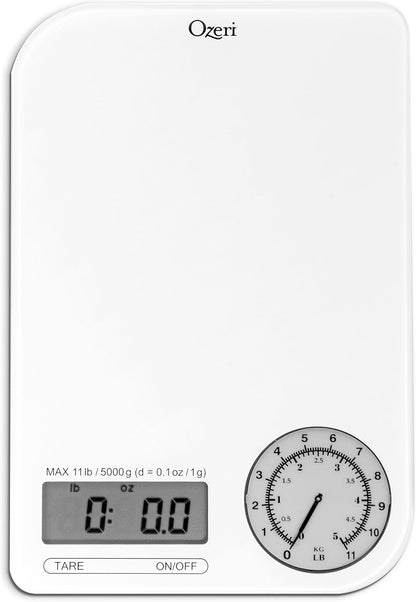 Ozeri ZK18-WB Rev Digital Kitchen Scale with Electro-Mechanical Weight Dial, Black Dial