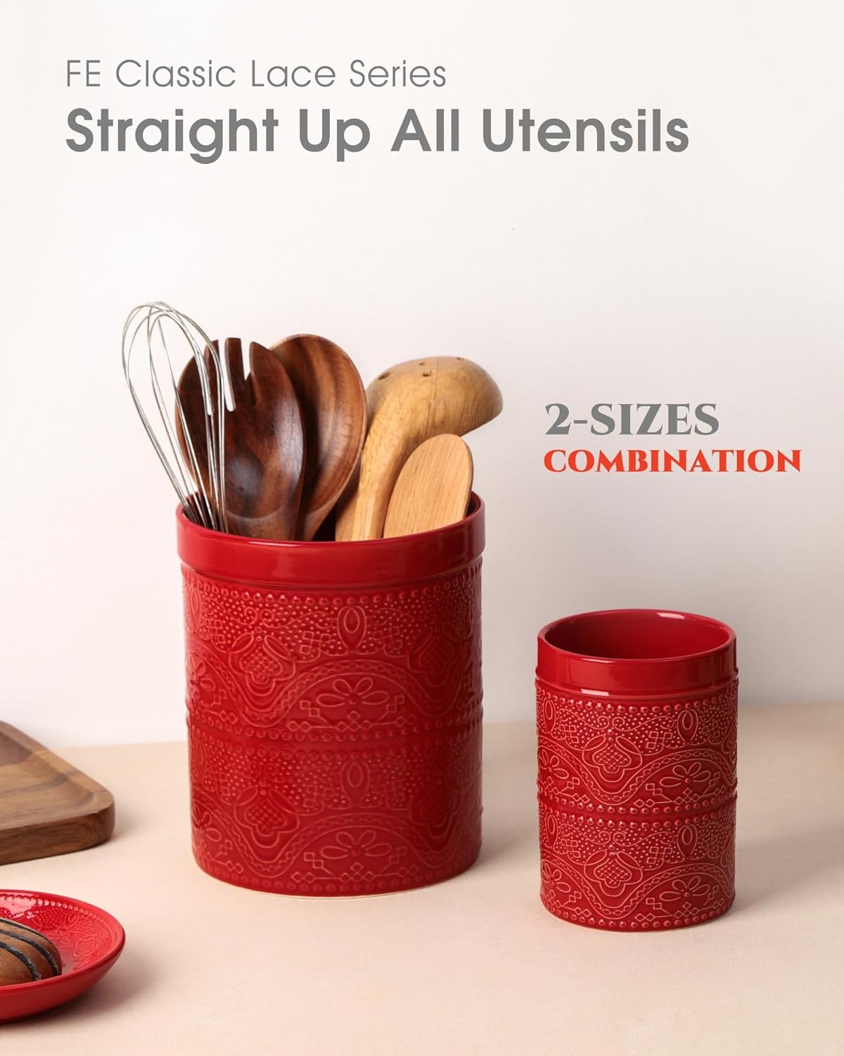 FUN ELEMENTS Kitchen Utensil Holder, 7.2" Super Large Utensil Crock Heavy and Stable Lace Emboss Ceramic Utensil Holder for Kitchen Counter (Bright White)