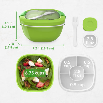 Bentgo Salad Container - 54 oz Bowl with 4-Compartment Toppings Tray, Leak-Proof Dressing Container, Reusable Fork, BPA-Free Lunch Box for Meal Prep & Food Storage; Removable Bento Tray (Khaki Green)