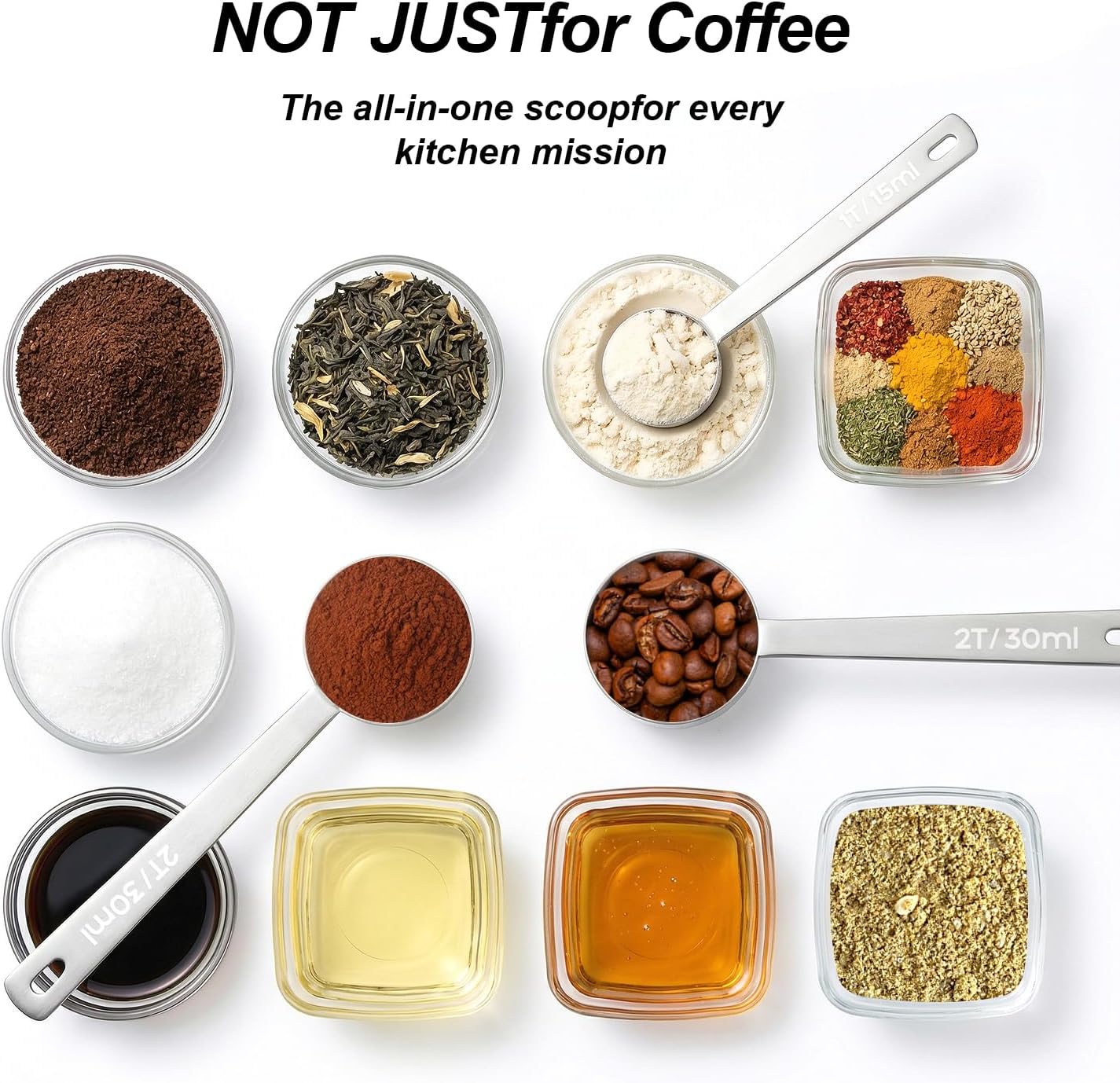 2PCS Coffee Scoop for Ground Coffee Stainless Steel Measuring Spoons Long Handle 30ml 6.4in and 15ml 5.7in Set for Deep Jars Beans Protein Powder Flour