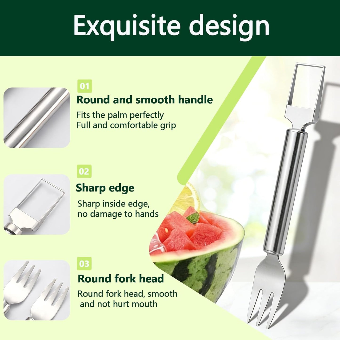 Watermelon Cutter, 2-in-1 Stainless Steel Fruit Cutter, Dual Head Watermelon Fork Slicer Tool, Summer Fruit Cutting Kitchen Gadget for Home (Round-2PCS)