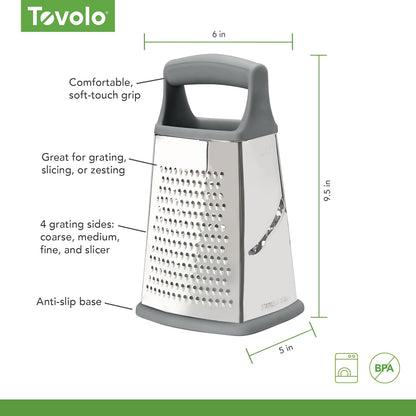 Tovolo Box Grater 4 Sided Large Stainless Steel Cheese Grater for Shredding Vegetables and Zesting, Easy to Clean Dishwasher Safe Box Grater with Ergonomic Handle and Non Slip Base, Charcoal Gray