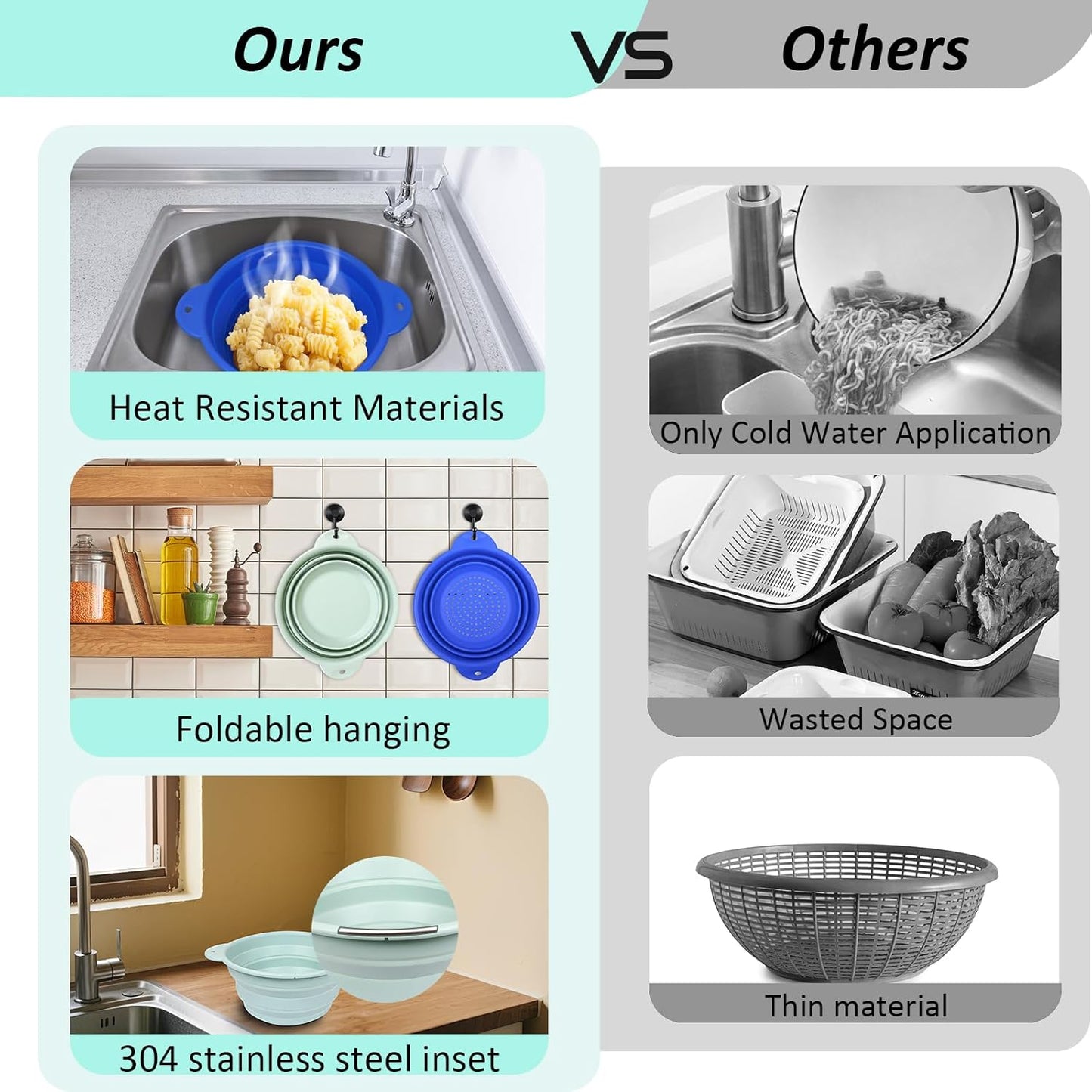 Collapsible Silicone Colander Basin Set, Thickened Strainer bowl, for Kitchen, RV, Camping, Draining Pasta, Washing Fruit, Vegetable