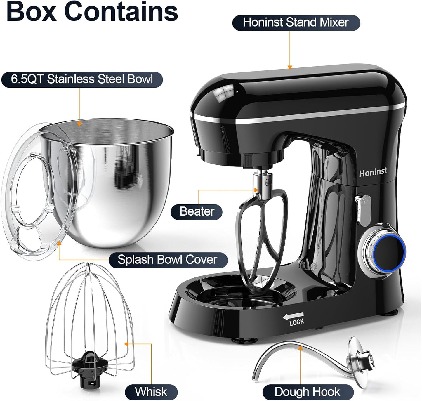 Honinst Stand Mixer, 6.5QT 10-Speed Tilt-Head Electric Stand Mixer, 3-In-1 Kitchen Mixer with Bowl, Dough Hook, Whisk and Beater, Food Mixer for Baking, Cake and Most Home Cooks, Black