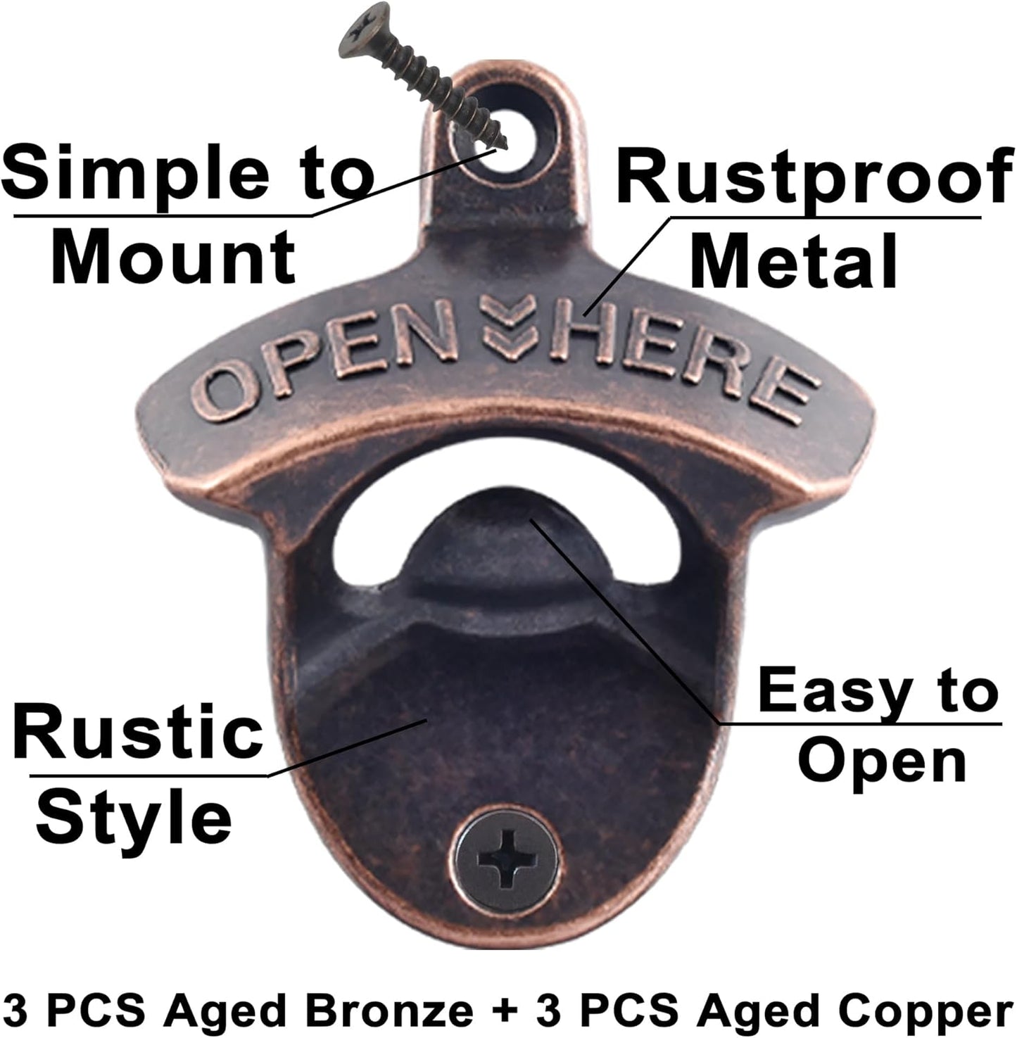 Old Fashion Bottle Opener Wall Mounted Stainless OPEN HERE Black Screw in Wall Beer Soda Bottle Cap Opener Rustic Copper for Table Cooler Post (2 PCS)