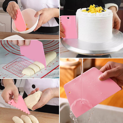 12 Pcs Adjustable Cake Smoother Set, Plastic Cake Decorating Tools Comb and Dough Scrapers for Baking Pastries (Pink)