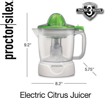 Proctor Silex Electric Citrus Juicer Machine, Large 34 oz. Pitcher, Pressure Activated, 2 Reamers for Big and Small Fruit, Pulp Control, for Orange, Lemon, Grapefruit Juice, White & Green (66340)