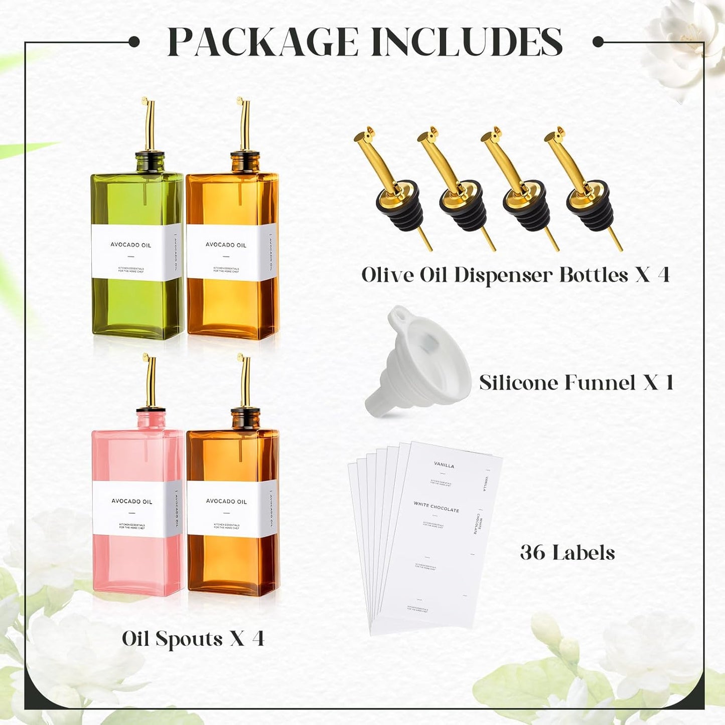 4 Set 17oz Colorful Olive Oil Dispenser Bottles for Kitchen, Uv-blocking Oil and Vinegar Dispenser Set with Labels and Funnel, Leakproof Container for Home Restaurant