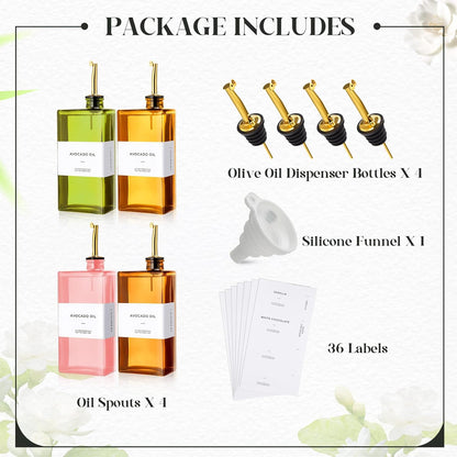 4 Set 17oz Colorful Olive Oil Dispenser Bottles for Kitchen, Uv-blocking Oil and Vinegar Dispenser Set with Labels and Funnel, Leakproof Container for Home Restaurant