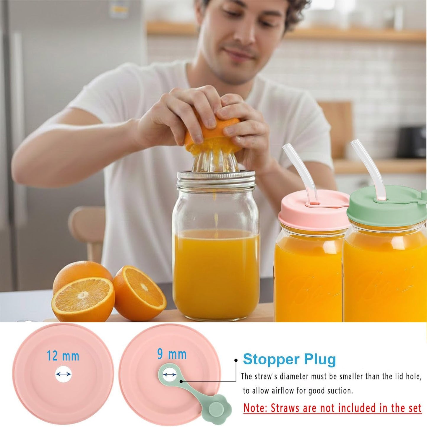 2Pcs Stainless Steel Mason Jar Juicer Lid for 3.38 Inch Wide Mouth Mason Jar, Hand Squeezer Top for Citrus Lemon Orange Manual Citrus Juicer
