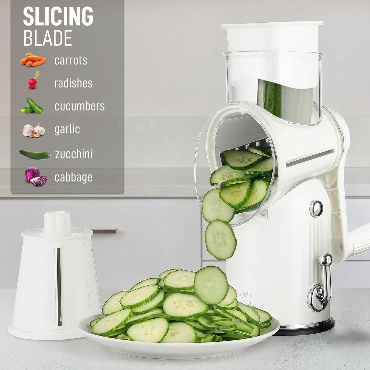Zulay Kitchen Rotary Cheese Grater 5 Blade Cheese Shredder - Manual Hand Crank Cheese Grater With Reinforced Suction & 5 Interchangeable Drums - Easy to Use, Vegetable Chopper Round Mandoline Slicer - Colors A