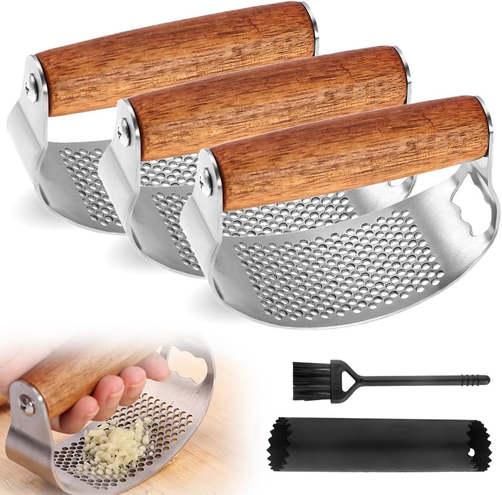 Stainless Steel Garlic Presser, Upgraded Garlic Press Rocker with Peeler and Cleaning Brush, Ergonomic Handle for Cooking Enthusiasts (1 pcs)