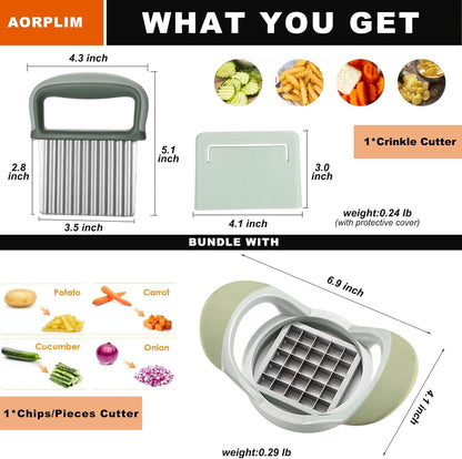 Crinkle Cutter and Potato Cutter 2 PCS, Wave Slicer Dicer Fry Cutter with Stainless Steel Blade Food-safe for Veggies, Handheld Vegetable Chopper, Salad Garnishing Tool, DishwasherSafe