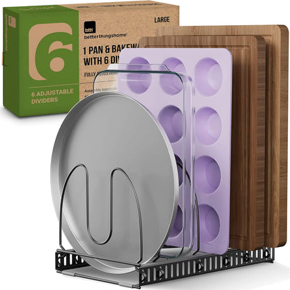 Better Things Home 7.5” Wide 12-Slot Adjustable Large Pan and Pot Lid Organizer with Scratch-Free Pads, Expandable Pot Lid Holder Rack for Cabinet, Pots and Pans Organizer Inside Cabinet