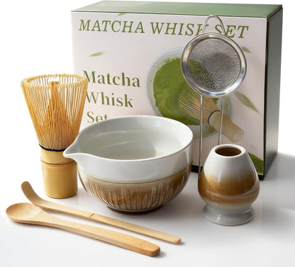 Matcha Whisk Set, Matcha Set, 6 Pieces, with Bamboo Whisk, Ceramic Bowl & Sifter Complete Matcha kit Tea Includes Scoop & Spout Bowl, Traditional Japanese Tea Accessories for Home (set of 6)