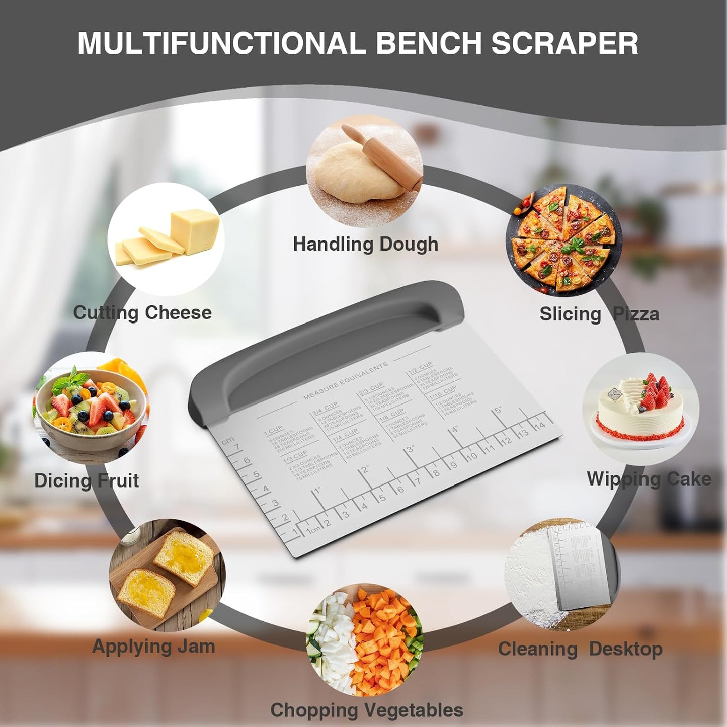 Bench Scraper Dough Cutter Tool - Bowl Pastry Scraper for Bread Cake Pizza, Bench Knife Kitchen Dough Scraper for Baking, Stainless Steel Food Scraper with Grip Handles & Measuring Scal, Blue