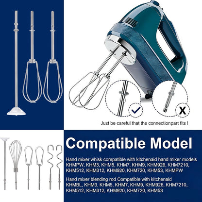 Handheld Mixer Attachments, Stainless Steel Beater Whisk Blending Rod & Dough Hooks, Replacement Compatible with KitchenAid Hand Mixers KHM3 KHM5 KHM7 KHM9, 6-Piece