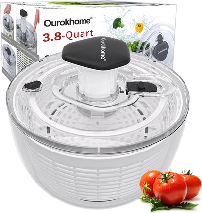Ourokhome 6.3 QT Salad Spinner with Fully Removable Lid, Large Lettuce Dryer with One-Hand Press Pump, Instant Stop Brake Button and Retractable Handle, Vegetable Washer & Spinner for Greens and Herbs