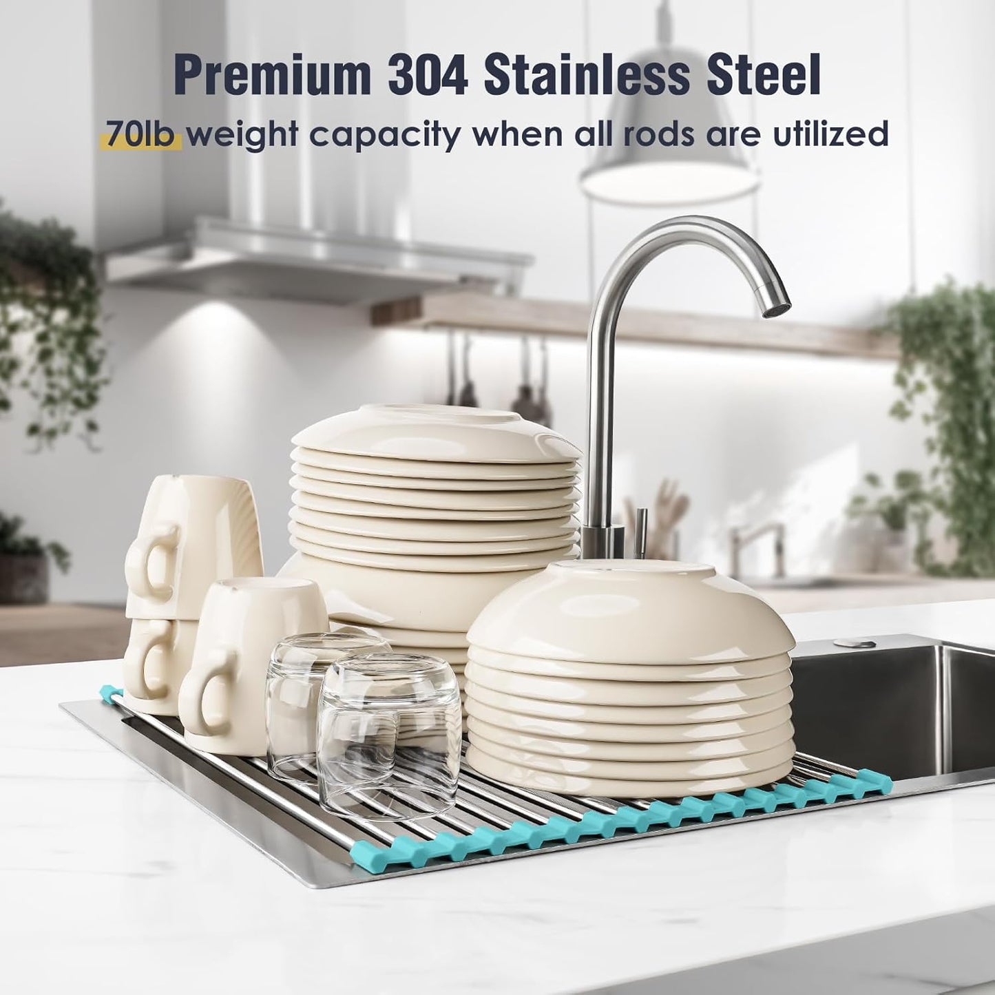 Tomorotec 17.7" x 15.5" Roll Up Dish Drying Rack Over Sink Drying Rack Sink Cover Kitchen Sink Accessories Gadget Multipurpose Organizer Foldable Stainless Steel Drainer