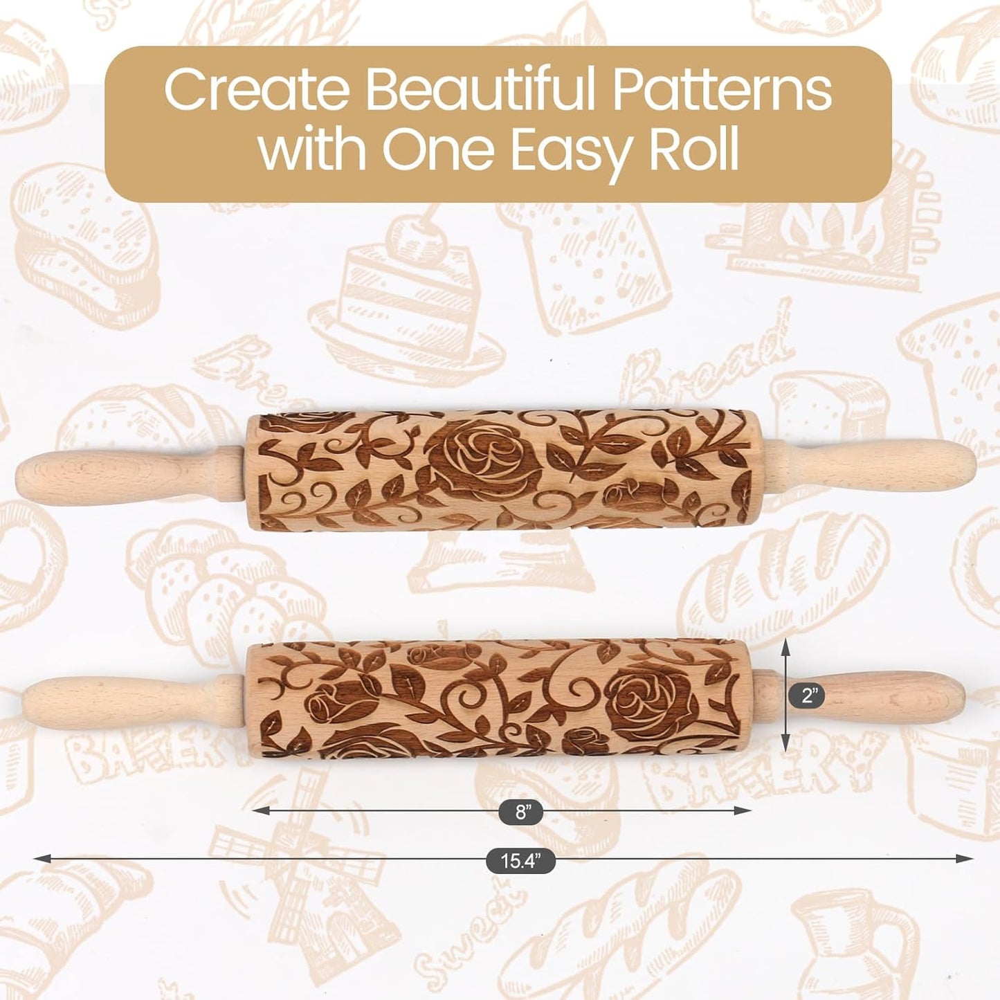 Floral Vine Embossed Rolling Pins for Cookies, Wooden Engraved Rolling Pins for Baking, Embossing Rolling Pins with Designs, Patterned Rolling Pin Decorative Springerle Mold Stamp Clay Pattern Roller