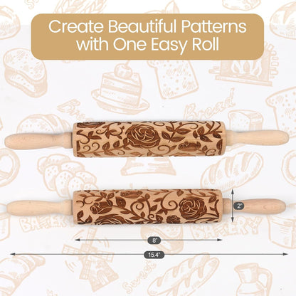 Floral Vine Embossed Rolling Pins for Cookies, Wooden Engraved Rolling Pins for Baking, Embossing Rolling Pins with Designs, Patterned Rolling Pin Decorative Springerle Mold Stamp Clay Pattern Roller