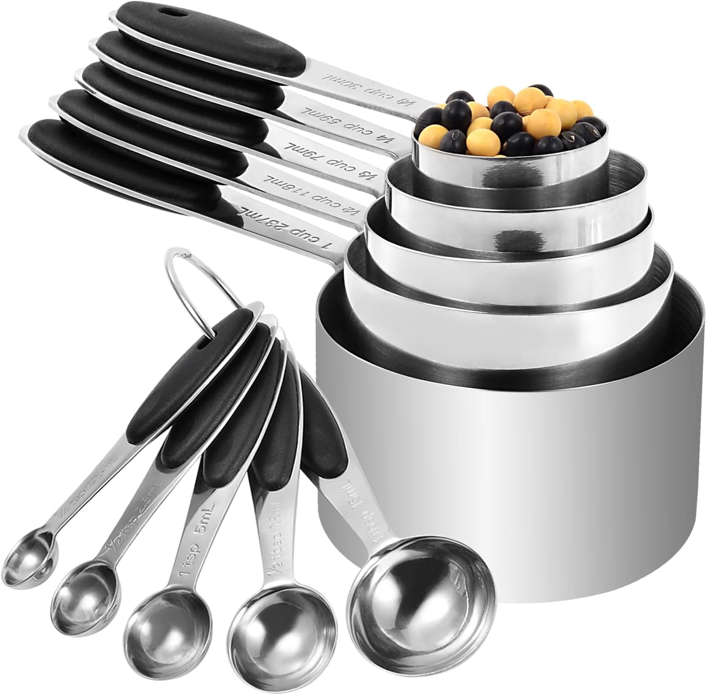 Stainless Steel Measuring Spoons & Cups Set, Includes 10 Sizes, from 1/4 tsp to 1 cup, Food Grade Stackable Tablespoons and Teaspoons Measuring Set for Cooking & Baking (Black)