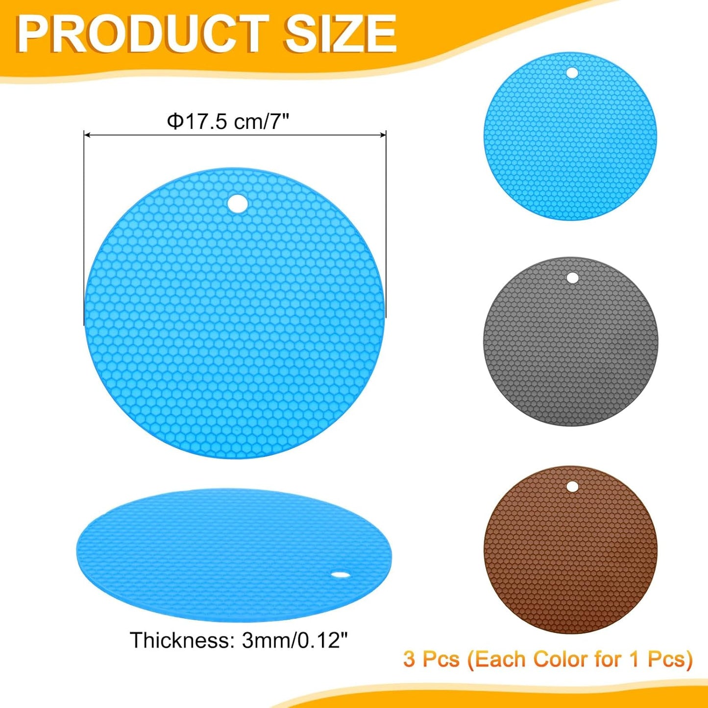 uxcell 3pcs Silicone Jar Opener Pads, 17.5cm/7" Texture Can Opener Multipurpose Round Bottle Lid Opener Non-Slip Coasters for Weak Hands Seniors Children, Orange, Blue, Gray