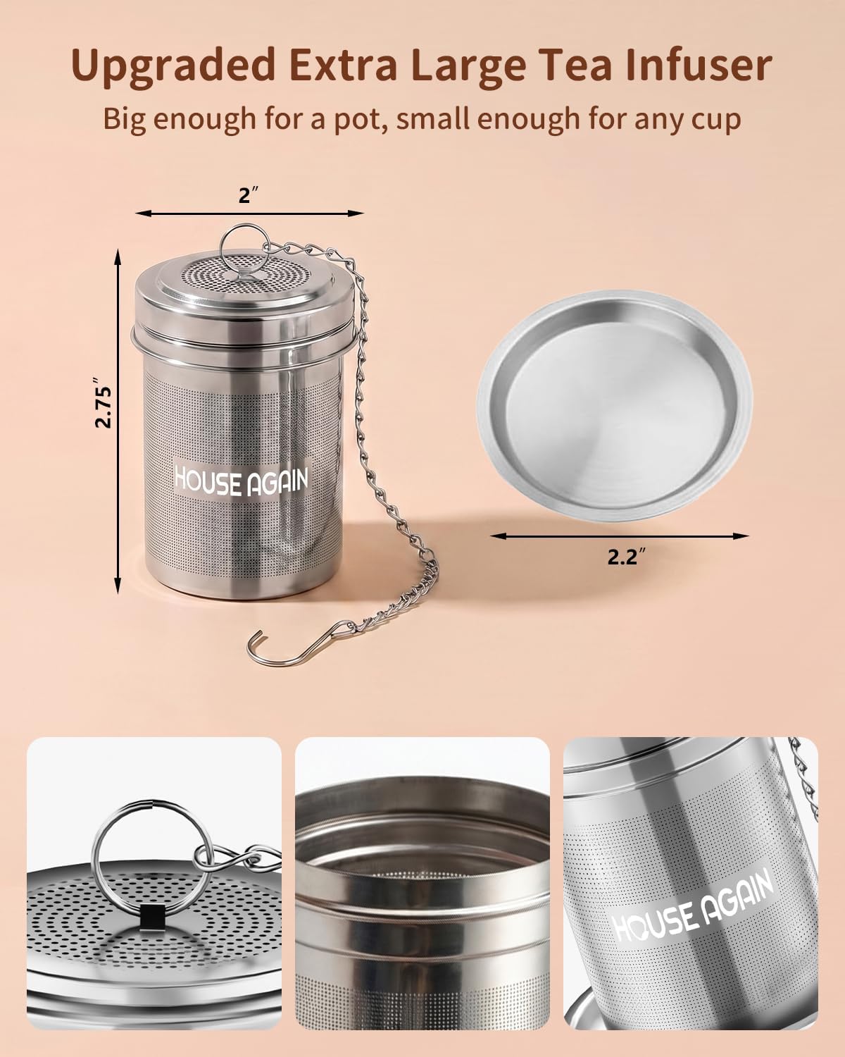House Again Large Tea Infuser, Extra Fine Mesh Tea Strainers for Loose Tea, 18/8 Stainless Steel Tea Strainer with Extended Chain Hook, Tea Steeper for Brew Tea, Spices & Seasonings, for Multi Cups