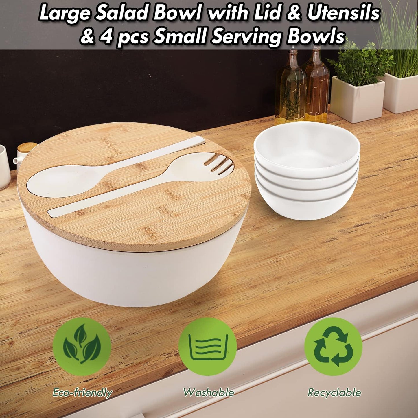 ShineMe Salad Bowl Set of 3, Natural Bamboo Fiber Salad Serving Bowls with Lids,Mixing Bowl for Preparing and Serving Salad, Cereal, Fruit, Veggies, Popcorn,Chips & Bread(10",8",6")