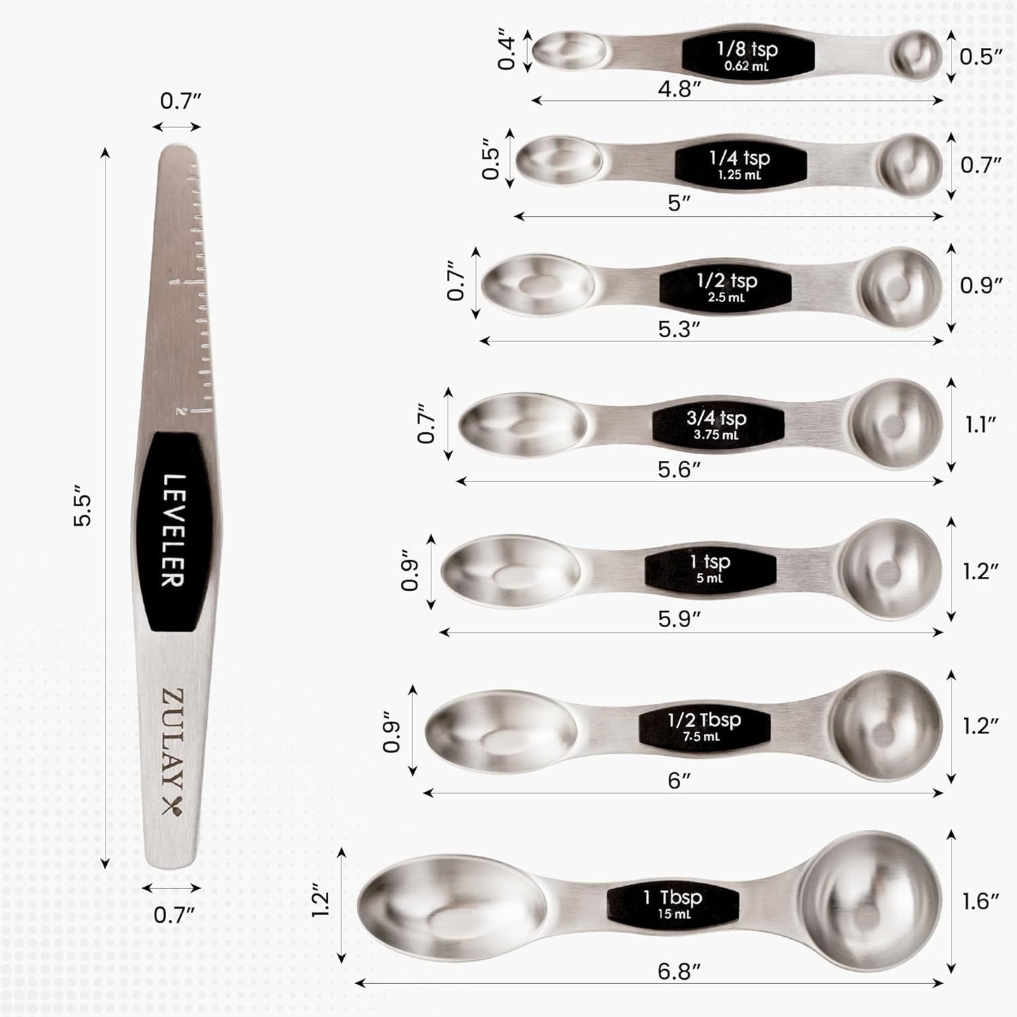 Zulay Kitchen Stainless Steel Measuring Spoon Set - Stackable Magnetic Spoon Measuring Set - Magnetic Measuring Spoon Set of 8 with Leveler - Strong N45 Magnets - White