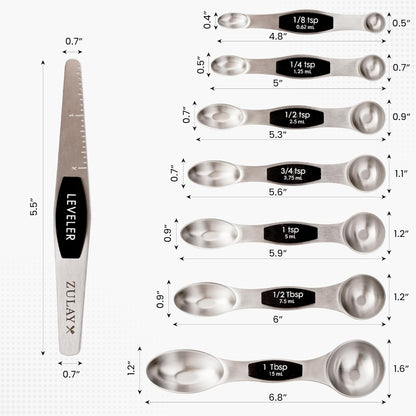 Zulay Kitchen Stainless Steel Measuring Spoon Set - Stackable Magnetic Spoon Measuring Set - Magnetic Measuring Spoon Set of 8 with Leveler - Strong N45 Magnets - White