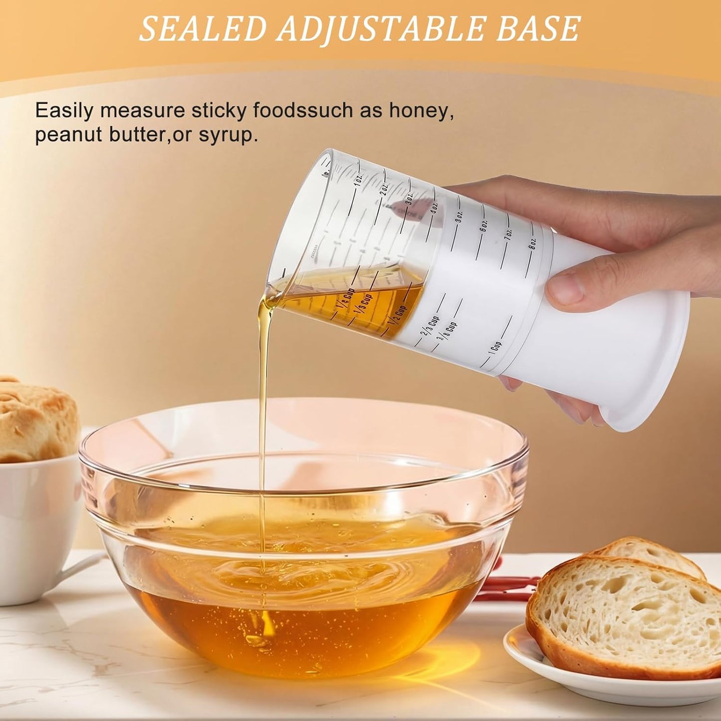 6 Pcs Adjustable Measuring Cups Set Includes 2 Cup Push up Measuring Cup and 5 Measurings Spoon for Peanut Butter 4 in 1 Liquid Dry Semi Solid Ingredient Home Cooking Tool