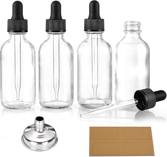 AOZITA 4 Pcs, 1 oz Golden Cap Clear Dropper Bottles (30ml) with 1 Funnel & 4 Labels - Glass Tincture Bottles with Eye Droppers - Leakproof Essential Oil Bottles for Health, Personal Care & Beauty