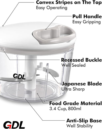 GDL Food Chopper, Pull Onion Chopper Dicer, Hand Powered Food Mincer, Fast Cutting Hand Chopper for Oinon, Garlic, Nut, 3.4 Cups 0.8L, Red