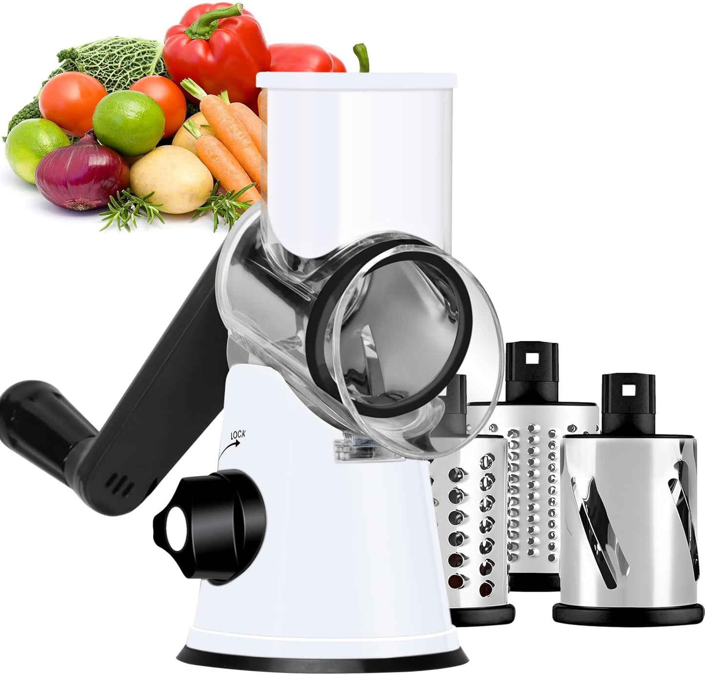 Ourokhome Rotary Cheese Grater Hand Crank, Kitchen Shredder Speed Mandolin Slicer Nut Grinder with Handle and Drum Blades for Cheese, Vegetable, Walnut, Chocolate, Potato, Carrot, 3 Blades, Dark Blue