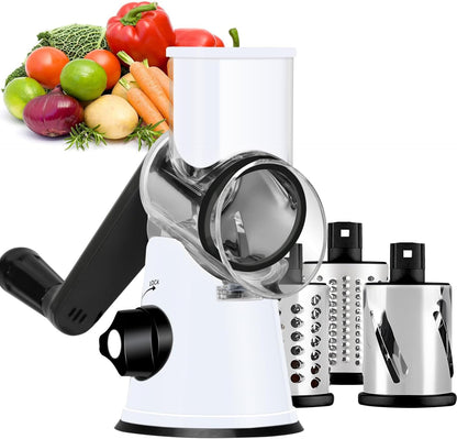 Ourokhome Rotary Cheese Grater Hand Crank, Kitchen Shredder Speed Mandolin Slicer Nut Grinder with Handle and Drum Blades for Cheese, Vegetable, Walnut, Chocolate, Potato, Carrot, 3 Blades, Dark Blue
