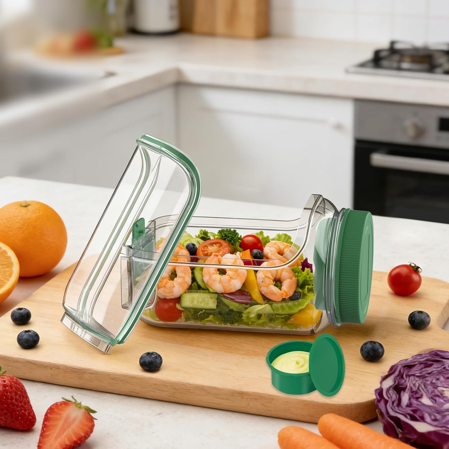 FNHMSL Side-Opening Mason Salad Jar, Portable (35 oZ) 1000ml Salad Container with Leakproof Dressing Cup, Includes Spoon and Cleaning Brush, Perfect for Meal Prep, Gym, Office, Picnic and Travel