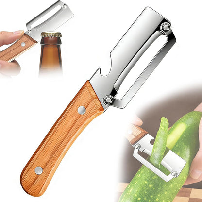 Multi-Functional Vegetable Peeler, 2026 Ultra-Sharp Stainless Steel Blade with Wooden Handle and Bottle Opener, Contour-Flow for Kitchen Prep, Camping, Apple Potato Pumpkin Papaya Peeling (2)