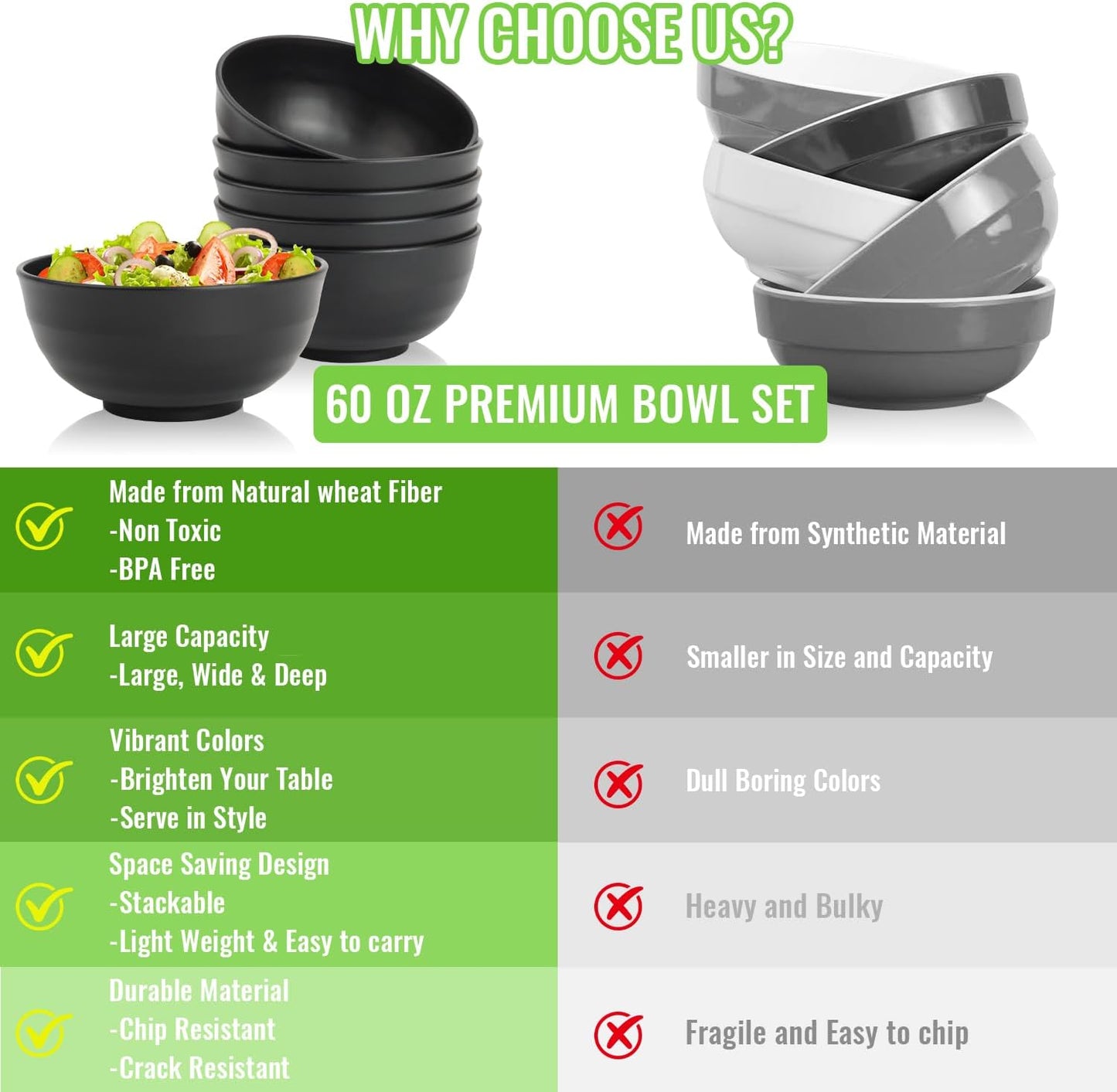 Wheat Straw Bowls Set with Lids, Unbreakable 40 OZ Cereal Bowls Set of 4, Salad Container for Lunch, Microwave & Dishwasher Safe Bowl Set for Kitchen, Picnic, RV, Camping, Multi