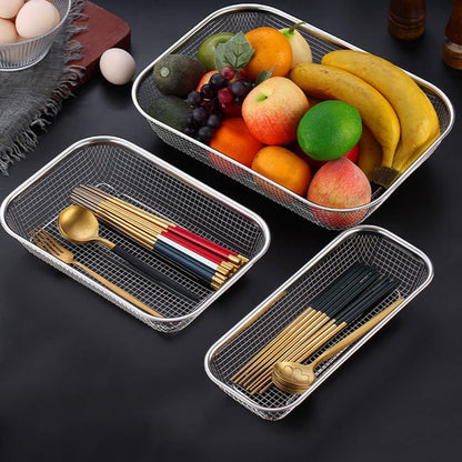 Angoily Stainless Steel Fruit Basket Rectangular Mesh Strainer Multi-Function Draining Basket for Kitchen Vegetable Washing 14.56X10.62X2.95In