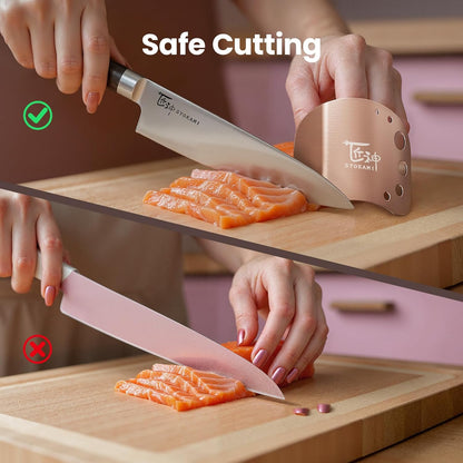 SYOKAMI Finger Guards for Cutting Food, Protects Women’s Fingers and Nails, Ideal Gift for Her, Mom or Wife, 2 Stainless Steel Finger Protectors with Herb Stripper, Adjustable Size