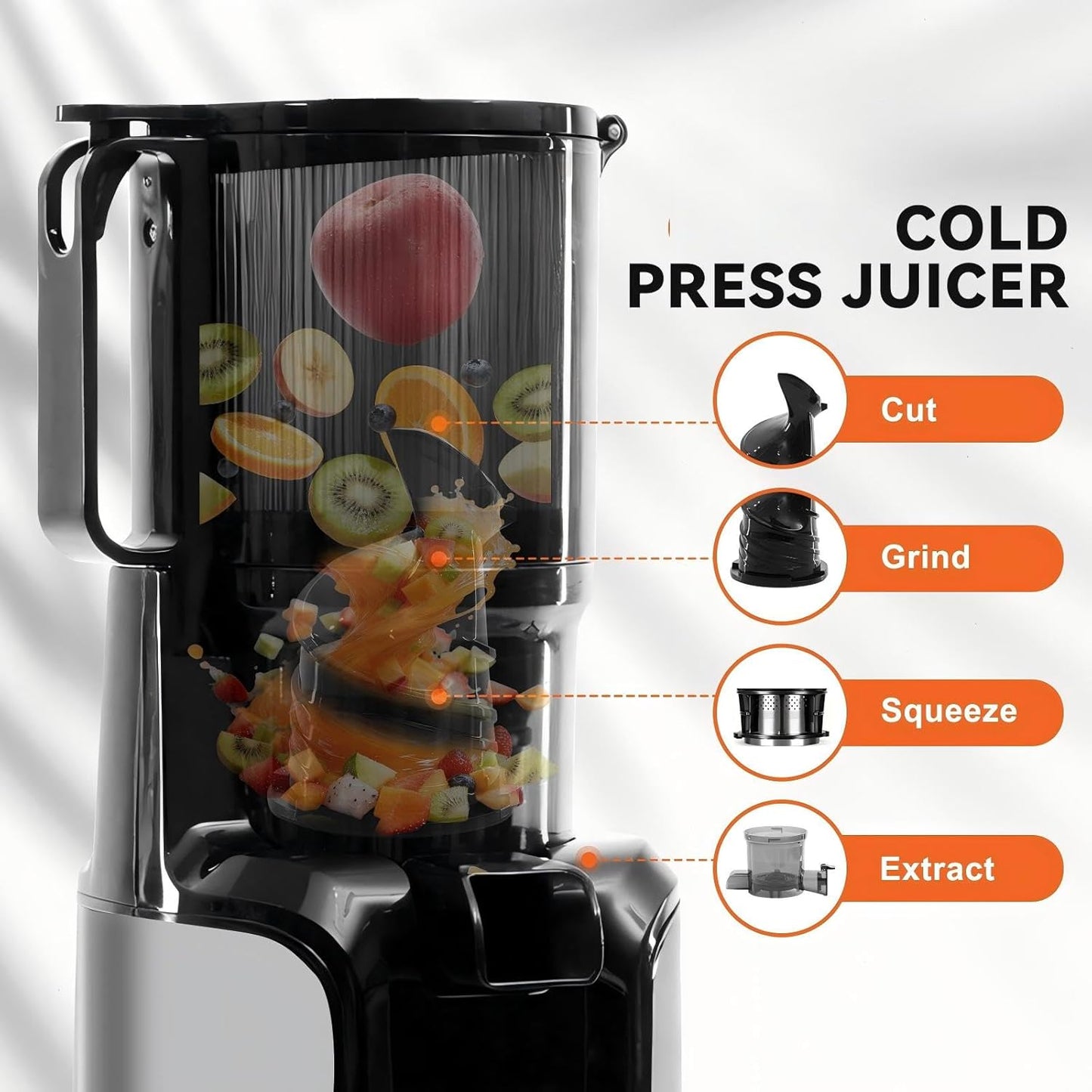 NEWBULIG Cold Press Juicer Machines, Masticating Juicer with High Juice Yield, Reverse Function, Stops Oxidation and Easy to Clean for Vegetables & Fruits, Black