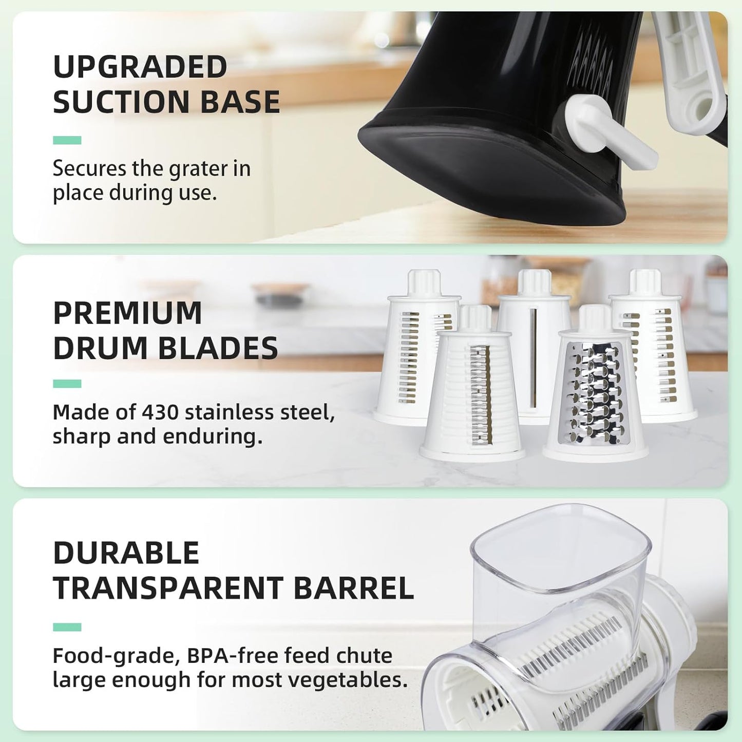 5 in 1 Rotary Cheese Grater, Manual Hand Crank Cheese Grater With Reinforced Suction & 5 Interchangeable Blades, Multifunctional Cheese Shredder, Easy to Use and Clean, Black