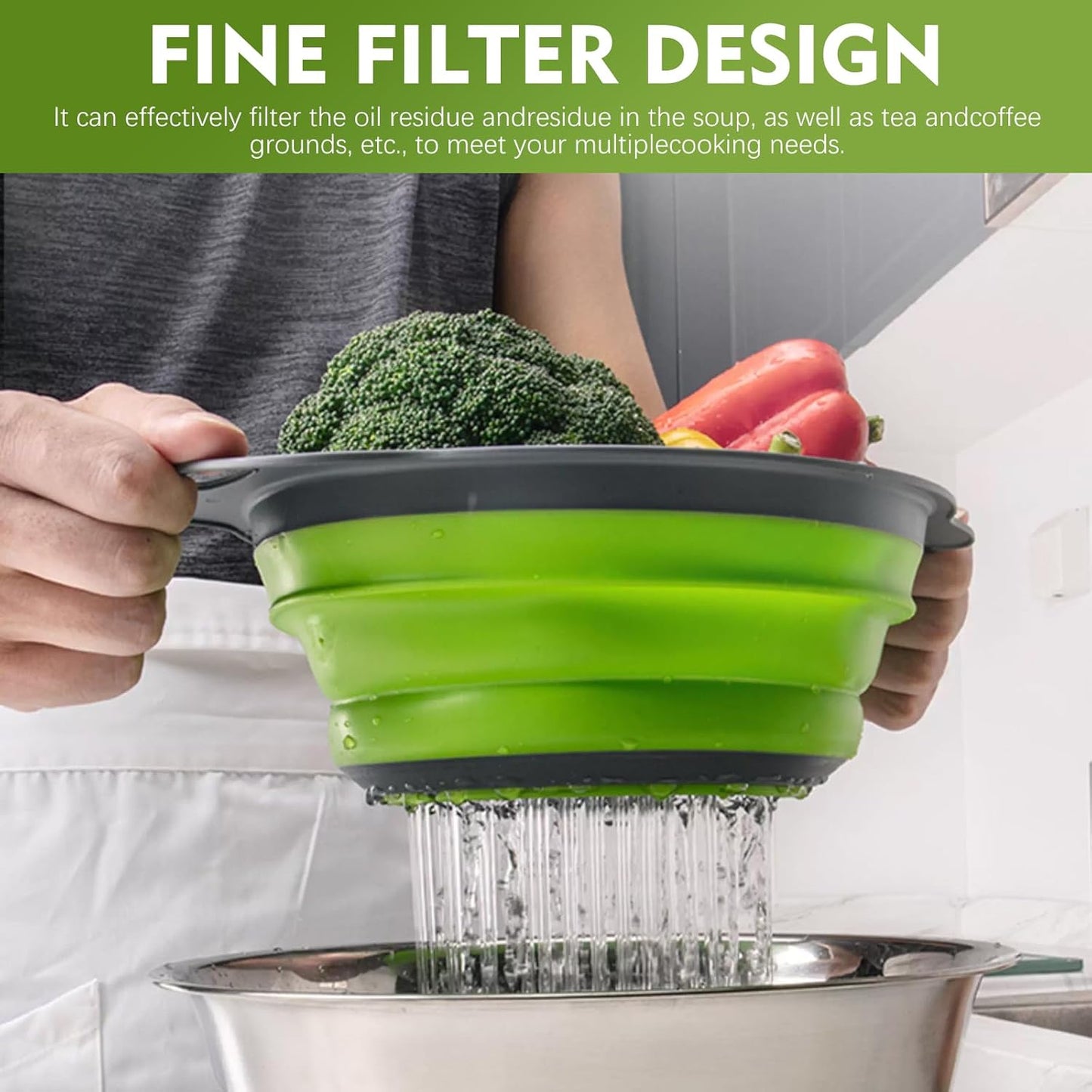 Silicone Colander Collapsible Strainers Set for Kitchen- 2 Pack (5Qt) -Over Home Draining Basket, Food Vegetables & Fruits-Dishwasher Safe, Space Saving Design (Greeen)