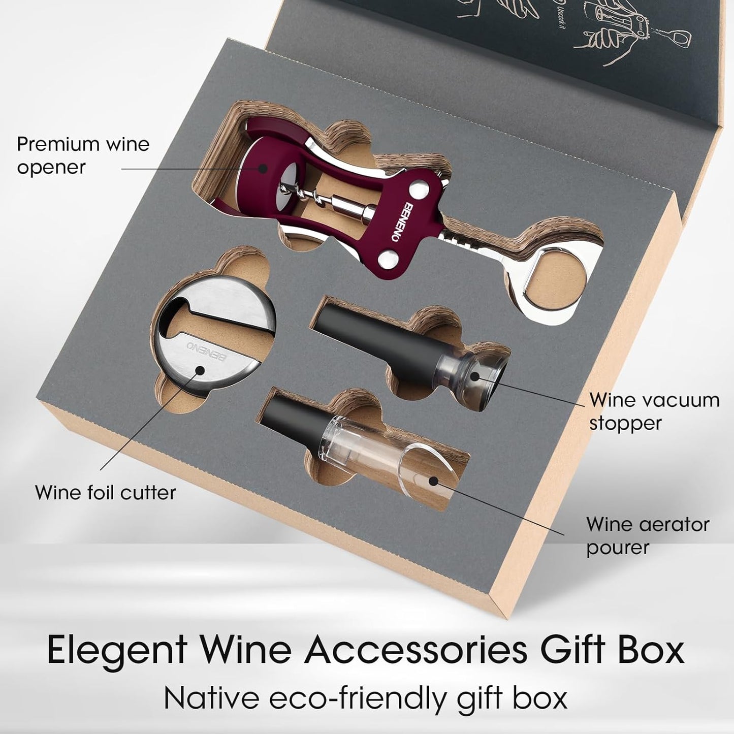 Beneno Wine Opener, Zinc Alloy Premium Wing Corkscrew with Multifunctional Bottles Opener, Sharp Wine Corkscrew with Ergonomic Non-Slip Wing Handle, Silver