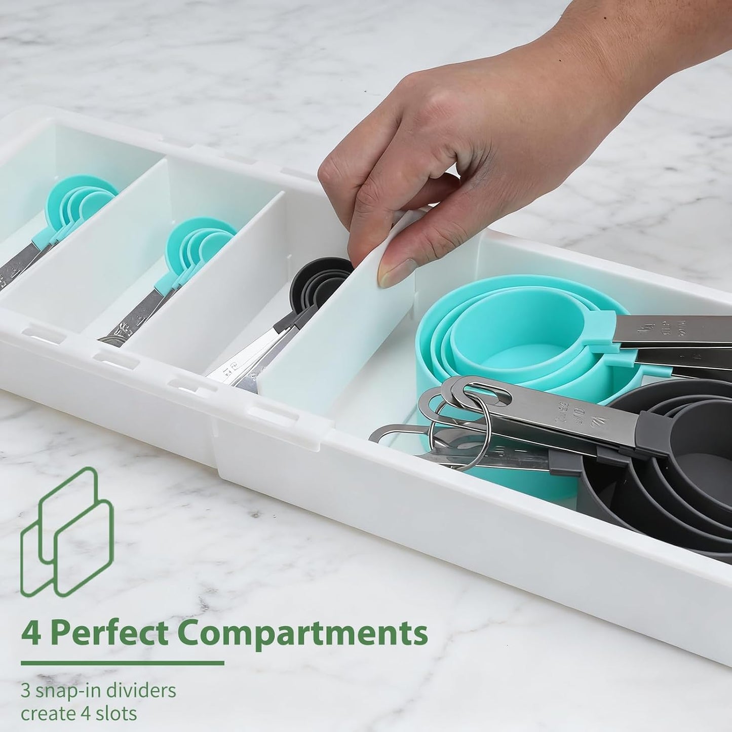 Expandable Measuring Cup Organizer & Measuring Spoon Organizer for Deep Drawers, 11.4''–18.1'' Adjustable Kitchen Drawer Organizer with 3 Dividers, Space-Saving Flatware Bin for Home & Kitchen