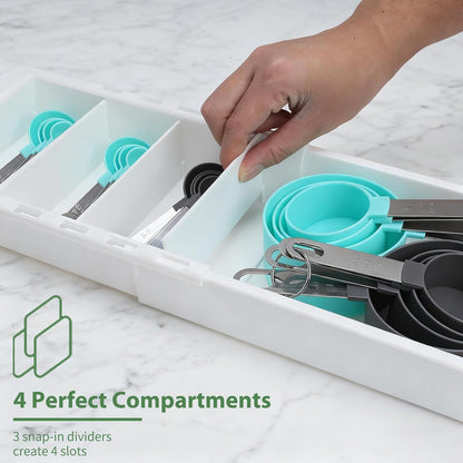 Expandable Measuring Cup Organizer & Measuring Spoon Organizer for Deep Drawers, 11.4''–18.1'' Adjustable Kitchen Drawer Organizer with 3 Dividers, Space-Saving Flatware Bin for Home & Kitchen